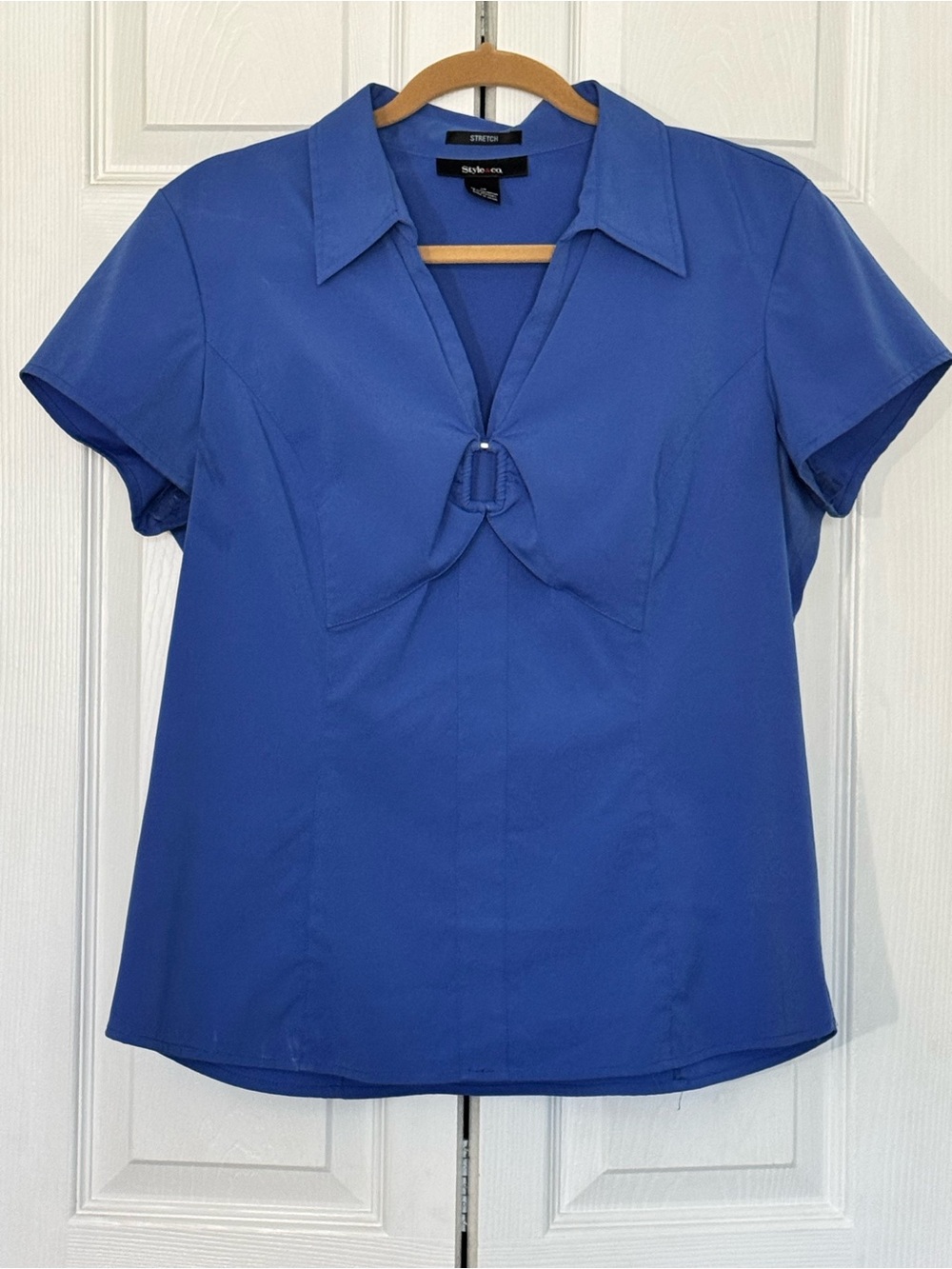 Style & Co. Blue Short-Sleeve Ring-Front Collar Top size 14